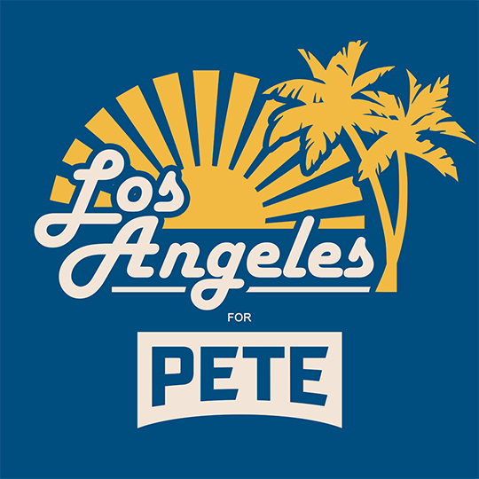 The original Los Angeles for Pete campaign logo, with a sunrise and palm trees in blue, yellow, and cream